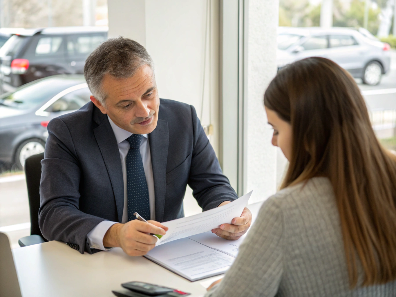 Advisor holding a legal schedule alongside client in a formal meeting room